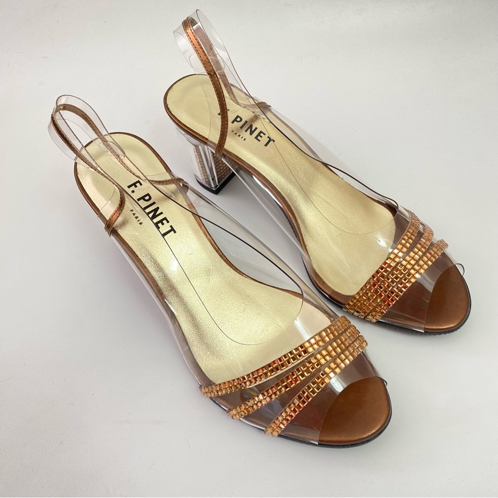 F. Pinet Paris Clear Rhinestone Slingback Peep Toe Womens Heeled Sandals Shoes 5 - Picture 6 of 16